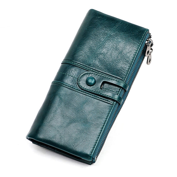 3520 Long Cowhide Leather Folding Anti-magnetic RFID Wallet for Ladies, with Card Slots(Blue)