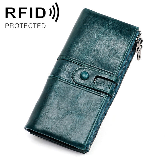 3520 Long Cowhide Leather Folding Anti-magnetic RFID Wallet for Ladies, with Card Slots(Blue)
