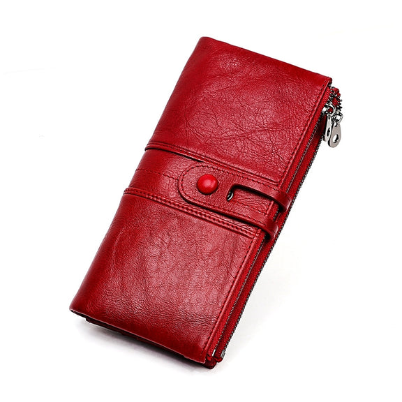 3520 Long Cowhide Leather Folding Anti-magnetic RFID Wallet for Ladies, with Card Slots(Red)