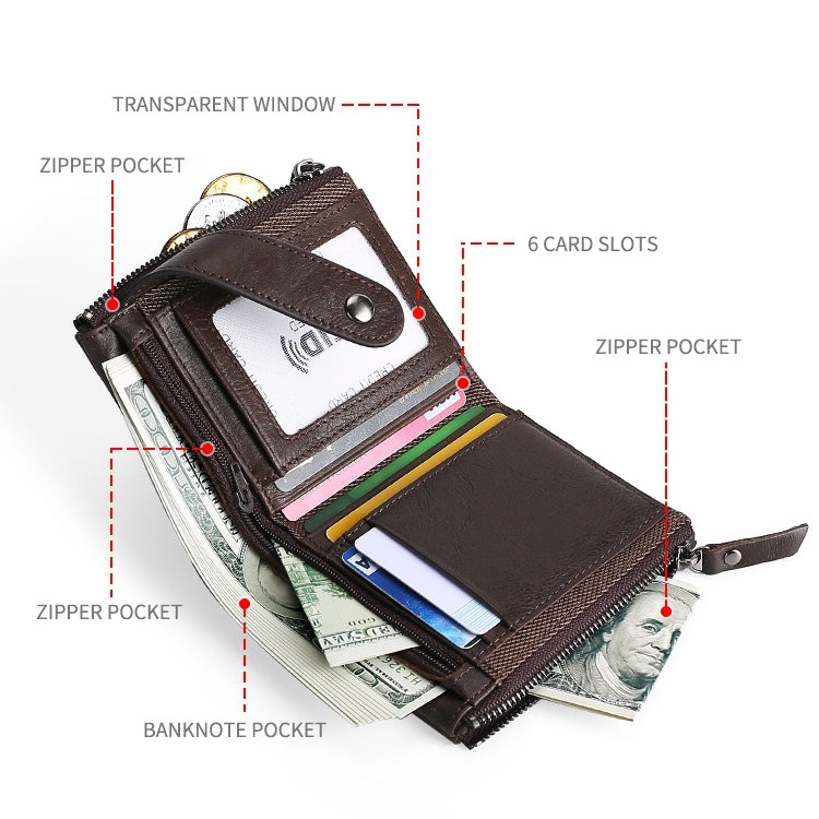TP-197 Oil Wax Leather Multi-functional Double Zipper Clasp Antimagnetic Change RFID Leather Wallet(Black)