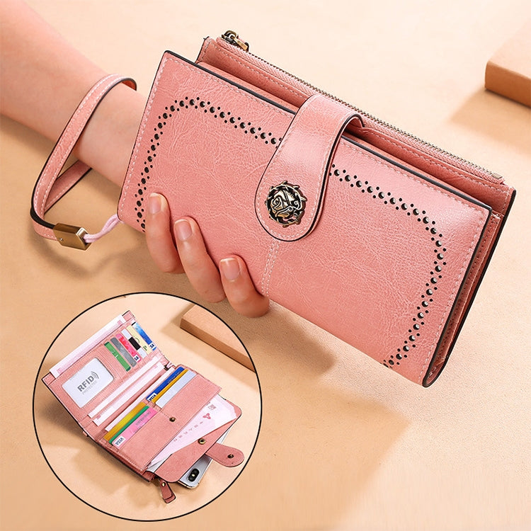 3526 Vintage Oil Wax Texture Large Capacity Long Multi-function Anti-magnetic RFID Wallet Clutch for Ladies (Brown)