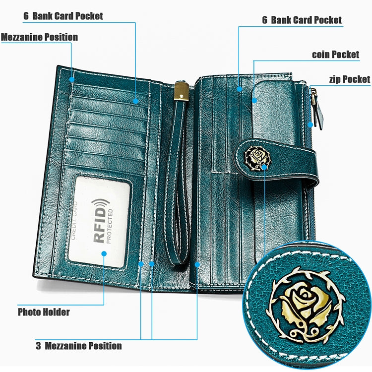3526 Vintage Oil Wax Texture Large Capacity Long Multi-function Anti-magnetic RFID Wallet Clutch for Ladies (Brown)