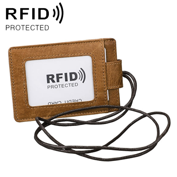 KB153 Antimagnetic RFID Leather Card Holder ID Card Badge with Lanyard(Yellowish-brown)