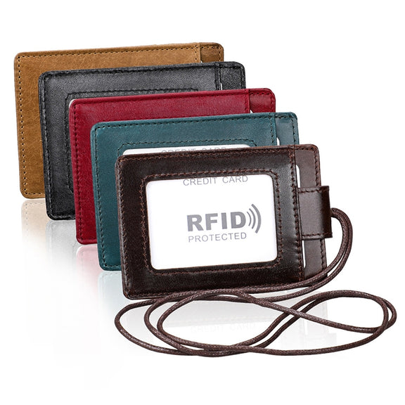 KB153 Antimagnetic RFID Leather Card Holder ID Card Badge with Lanyard(Yellowish-brown)