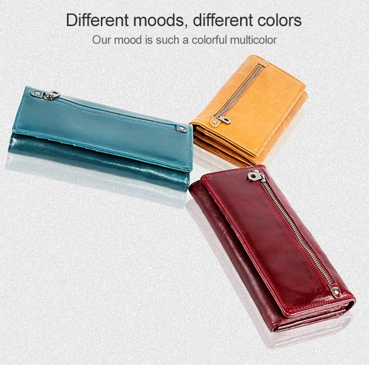 3559 Antimagnetic RFID Multi-function Zipper Retro Top-grain Leather Lady Purse Wallet (Blue)