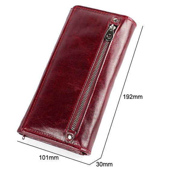 3559 Antimagnetic RFID Multi-function Zipper Retro Top-grain Leather Lady Purse Wallet (Wine Red)