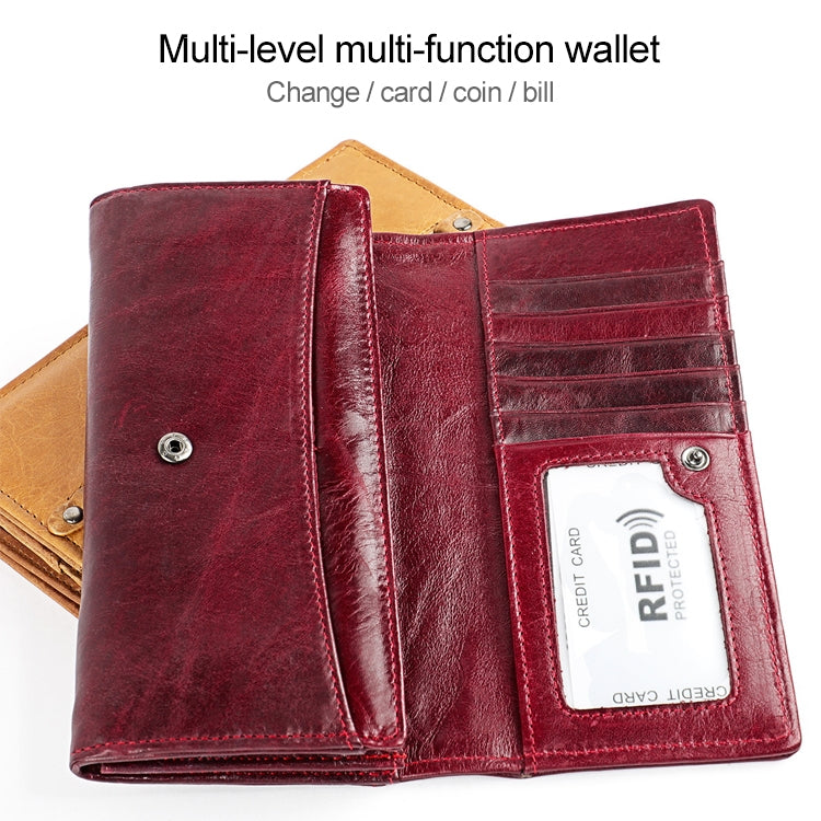 3559 Antimagnetic RFID Multi-function Zipper Retro Top-grain Leather Lady Purse Wallet (Wine Red)