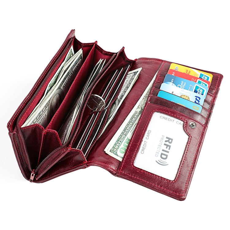 3559 Antimagnetic RFID Multi-function Zipper Retro Top-grain Leather Lady Purse Wallet (Yellowish-brown)