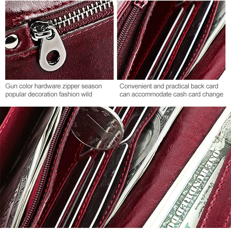 3559 Antimagnetic RFID Multi-function Zipper Retro Top-grain Leather Lady Purse Wallet (Yellowish-brown)