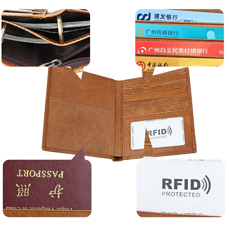8235 Antimagnetic RFID Multi-function Crazy Horse Texture Leather Wallet Passport Bag(Yellowish-brown)
