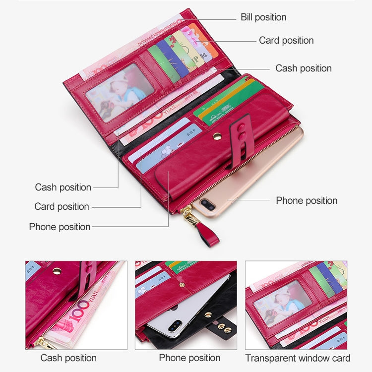 8239 Antimagnetic RFID Multi-function Leather Lady Wallet Large-capacity Purse with Detachable Card Holder(Rose Red)