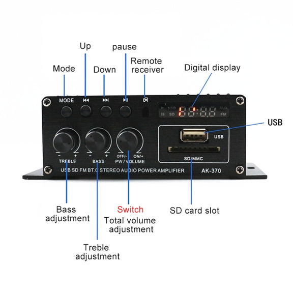 AK370 12V Household / Car Bluetooth HIFI Amplifier Audio with Remote Control