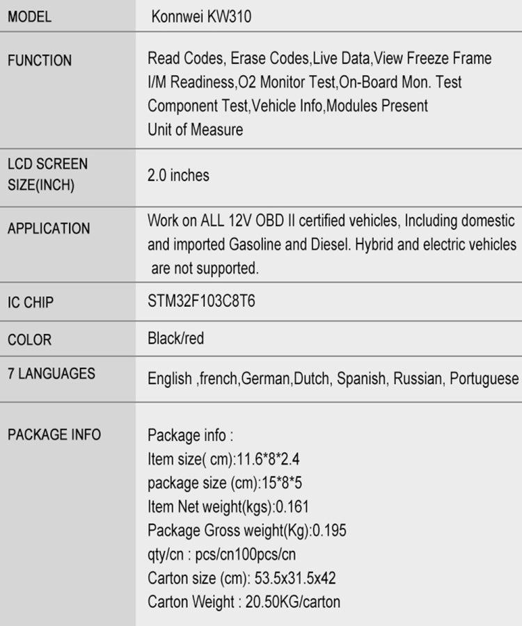 KONNWEI KW310 OBD Car Fault Detector Code Reader ELM327 OBD2 Scanner Diagnostic Tool(Black)