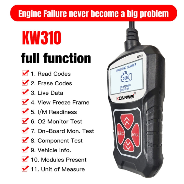 KONNWEI KW310 OBD Car Fault Detector Code Reader ELM327 OBD2 Scanner Diagnostic Tool(Black)