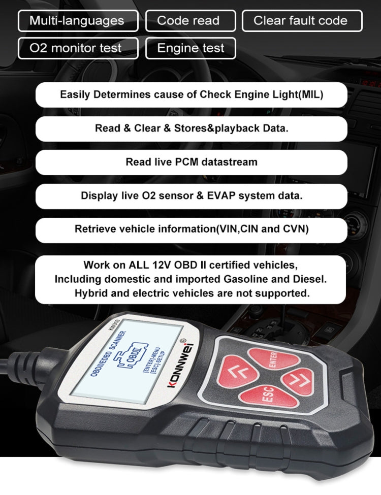KONNWEI KW310 OBD Car Fault Detector Code Reader ELM327 OBD2 Scanner Diagnostic Tool(Black)