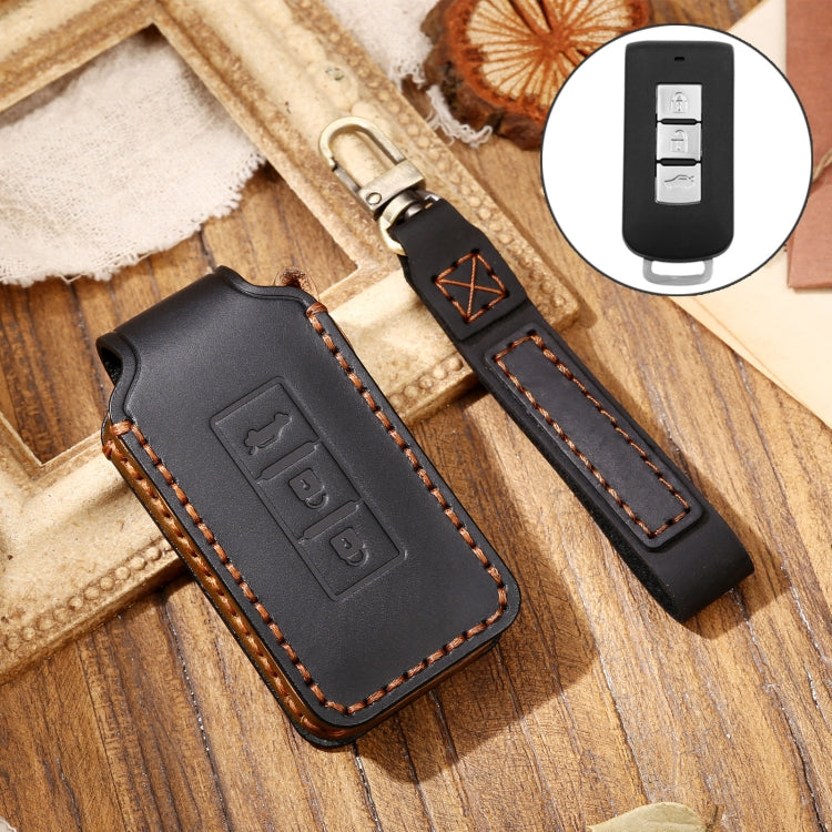 Hallmo Car Cowhide Leather Key Protective Cover Key Case for Mitsubishi Outlander(Black)