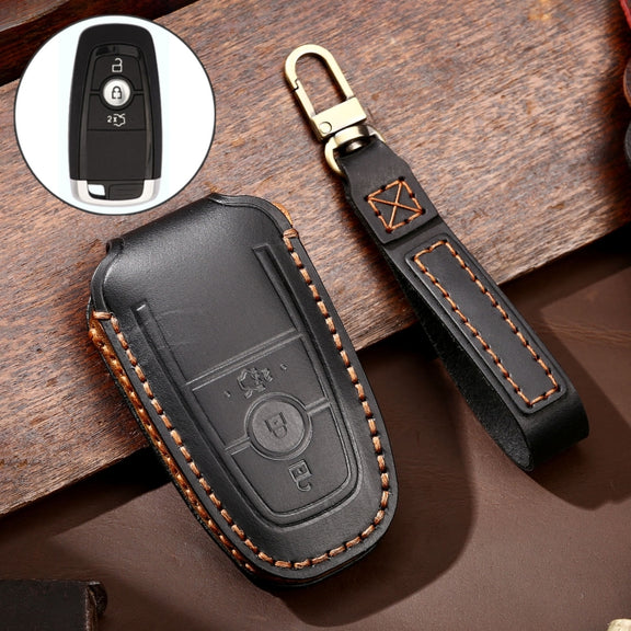 Hallmo Car Cowhide Leather Key Protective Cover Key Case for Ford Focus B Style(Black)