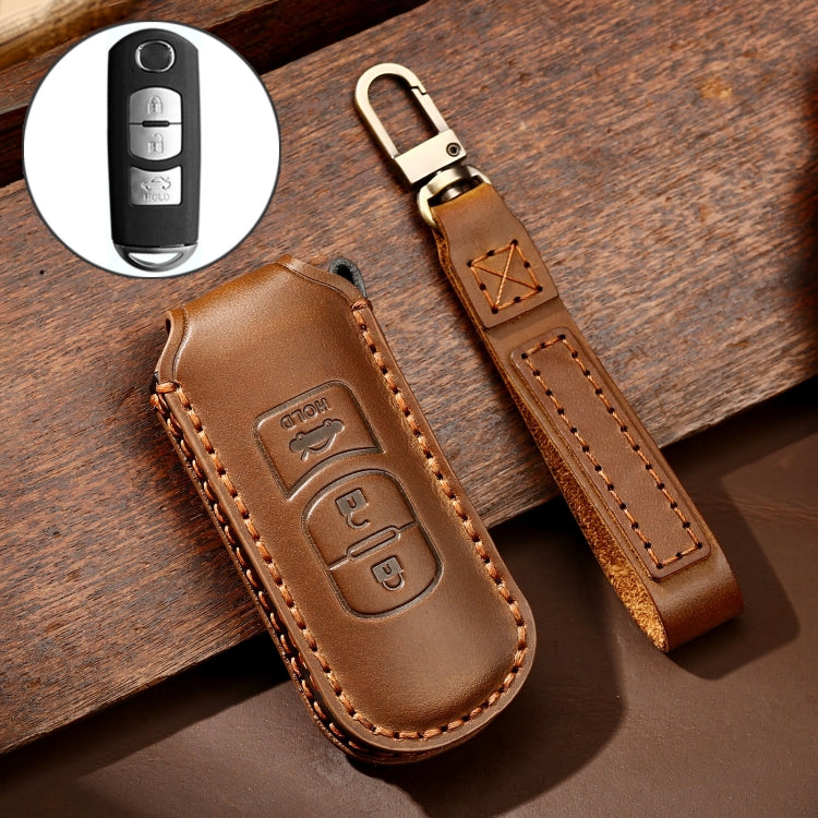 Hallmo Car Cowhide Leather Key Protective Cover Key Case for Mazda Axela 3-button(Brown)