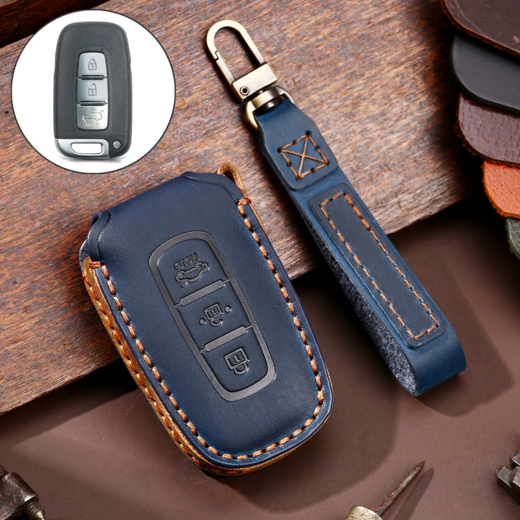 Hallmo Car Cowhide Leather Key Protective Cover Key Case for KIA K2 / K3 / K5 3-button(Blue)
