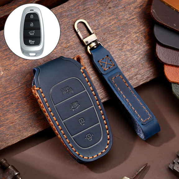 Hallmo Car Cowhide Leather Key Protective Cover Key Case for Hyundai 4-button(Blue)