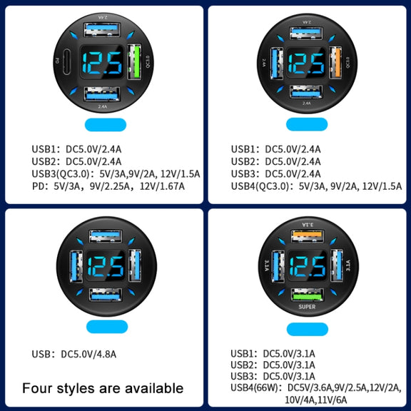 2pcs 4 in 1 USB PD20W+QC3.0+2.4A Digital Display Car Fast Charger