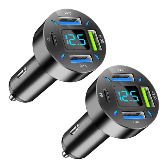 2pcs 4 in 1 USB PD20W+QC3.0+2.4A Digital Display Car Fast Charger