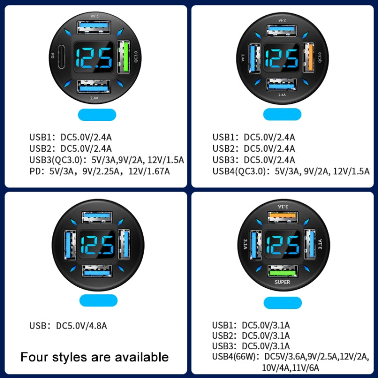 2pcs 4 in 1 USB QC3.0 Digital Display Car Fast Charger