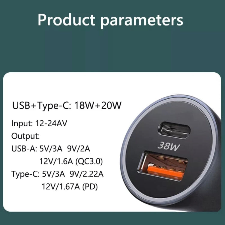 2pcs PD 20W Aluminum Alloy Dual Interface Car Fast Charger (Black)