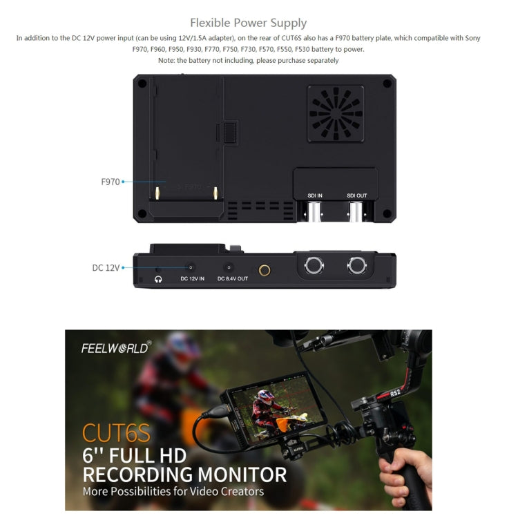FEELWORLD CUT6S 6-inch Touch Screen Monitor Recorder FHD IPS 4K HDMI 3G-SDI Camera Field Monitor (Black)