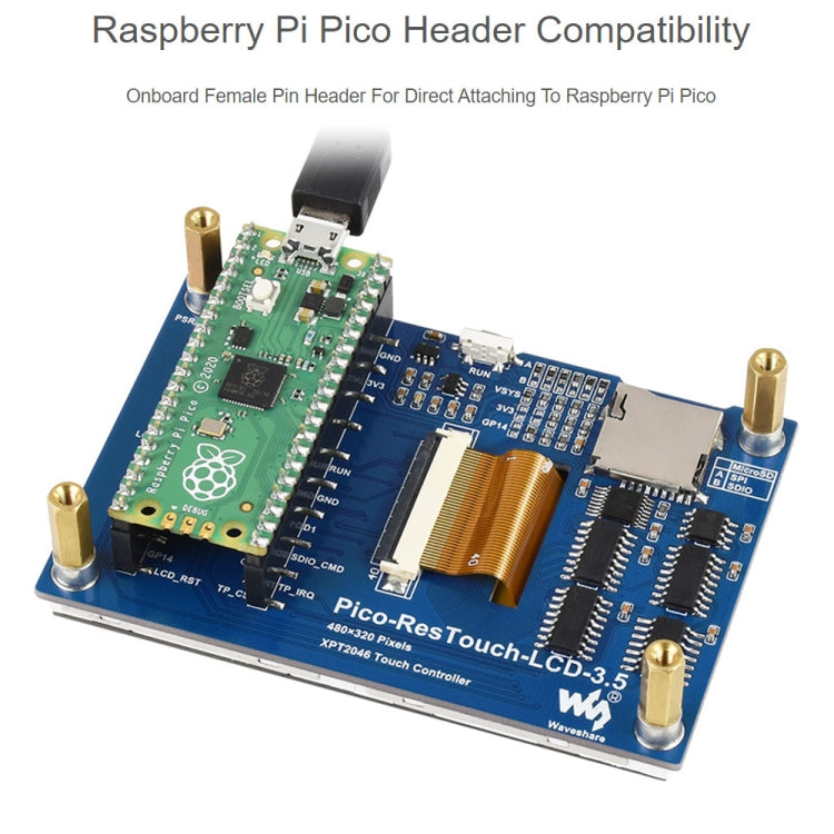 WAVESHARE 3.5 inch 65K Colors 480 x 320 Touch Display Module for Raspberry Pi Pico, SPI Interface