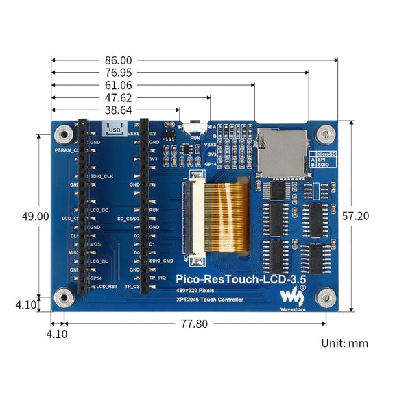 WAVESHARE 3.5 inch 65K Colors 480 x 320 Touch Display Module for Raspberry Pi Pico, SPI Interface