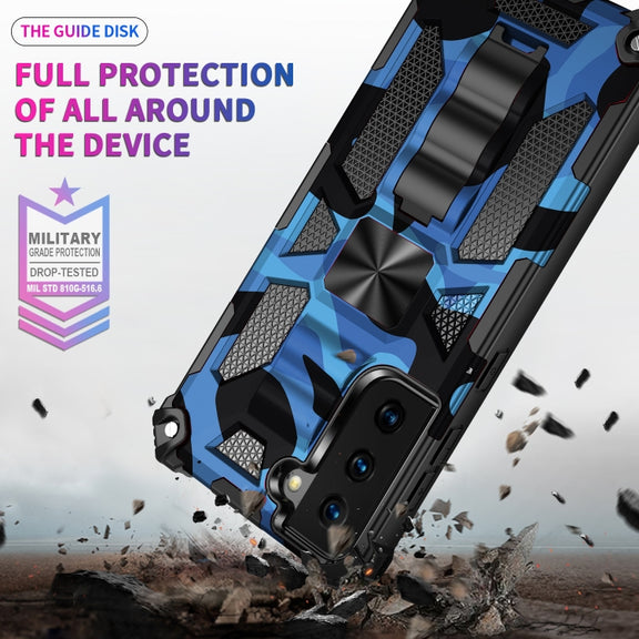 For Samsung Galaxy S21 Ultra 5G Camouflage Armor Shockproof TPU + PC Magnetic Protective Case with Holder(Dark Blue)