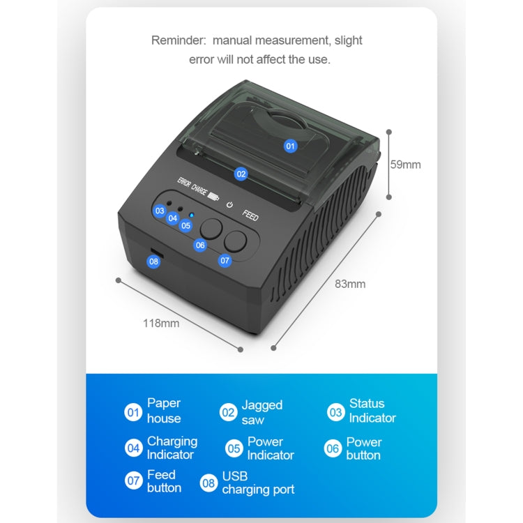 5811DD 58mm Bluetooth 4.0 Portable Thermal Bluetooth Receipt Printer, EU Plug