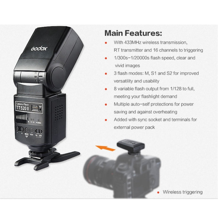 Godox TT520II 433MHZ Wireless 1/300s-1/2000s HSS Flash Speedlite Camera Top Fill Light for Canon / Nikon DSLR Cameras(Black)