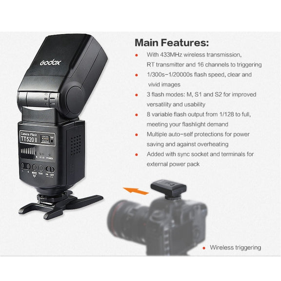 Godox TT520II 433MHZ Wireless 1/300s-1/2000s HSS Flash Speedlite Camera Top Fill Light for Canon / Nikon DSLR Cameras(Black)
