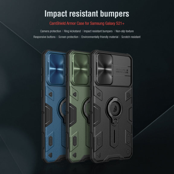 For Samsung Galaxy S21+ 5G NILLKIN Shockproof CamShield Armor Protective Case with Invisible Ring Holder(Green)