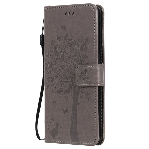 For OPPO Reno5 5G Tree & Cat Pattern Pressed Printing Horizontal Flip PU Leather Case with Holder & Card Slots & Wallet & Lanyard(Gray)