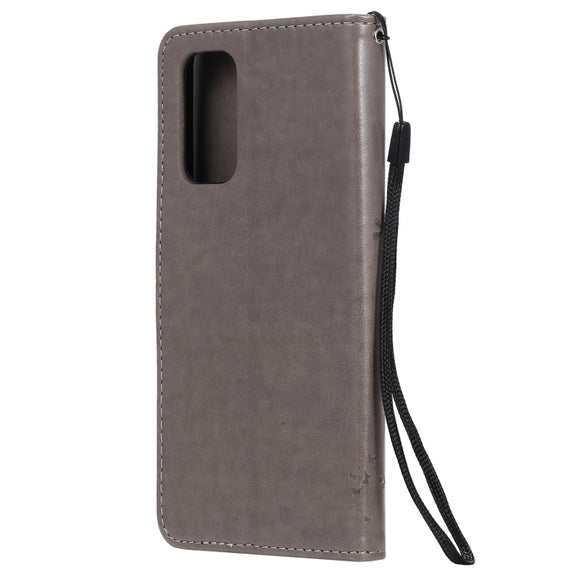 For OPPO Reno5 5G Tree & Cat Pattern Pressed Printing Horizontal Flip PU Leather Case with Holder & Card Slots & Wallet & Lanyard(Gray)