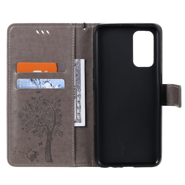 For OPPO Reno5 5G Tree & Cat Pattern Pressed Printing Horizontal Flip PU Leather Case with Holder & Card Slots & Wallet & Lanyard(Gray)