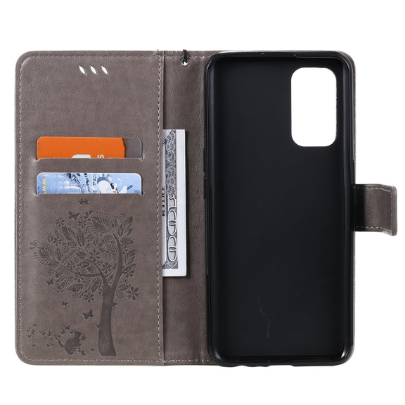 For OPPO Reno5 5G Tree & Cat Pattern Pressed Printing Horizontal Flip PU Leather Case with Holder & Card Slots & Wallet & Lanyard(Gray)