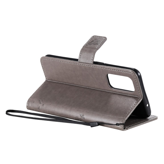 For OPPO Reno5 5G Tree & Cat Pattern Pressed Printing Horizontal Flip PU Leather Case with Holder & Card Slots & Wallet & Lanyard(Gray)