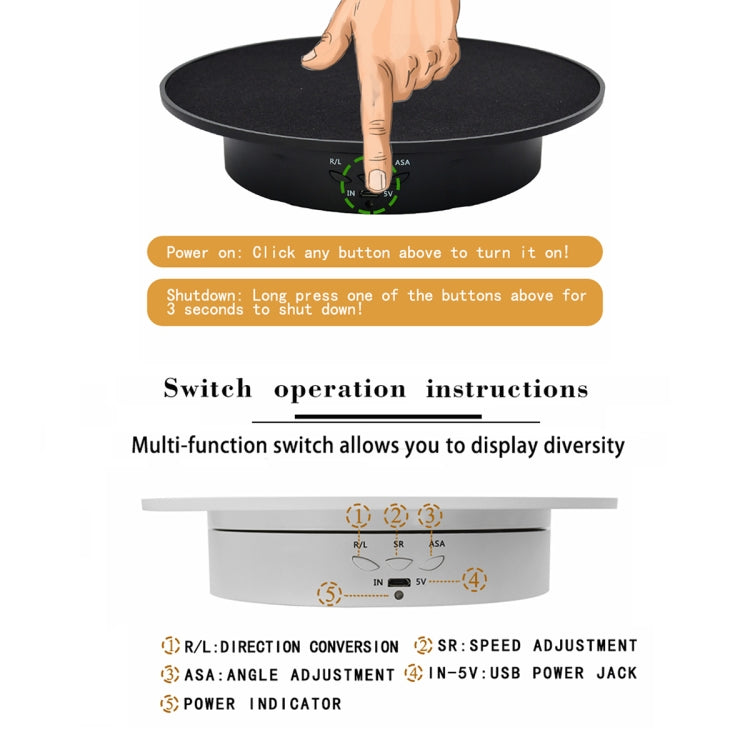 20cm USB Electric Rotating Turntable Display Stand Video Shooting Props Turntable for Photography, Load: 8kg(White Mirror)