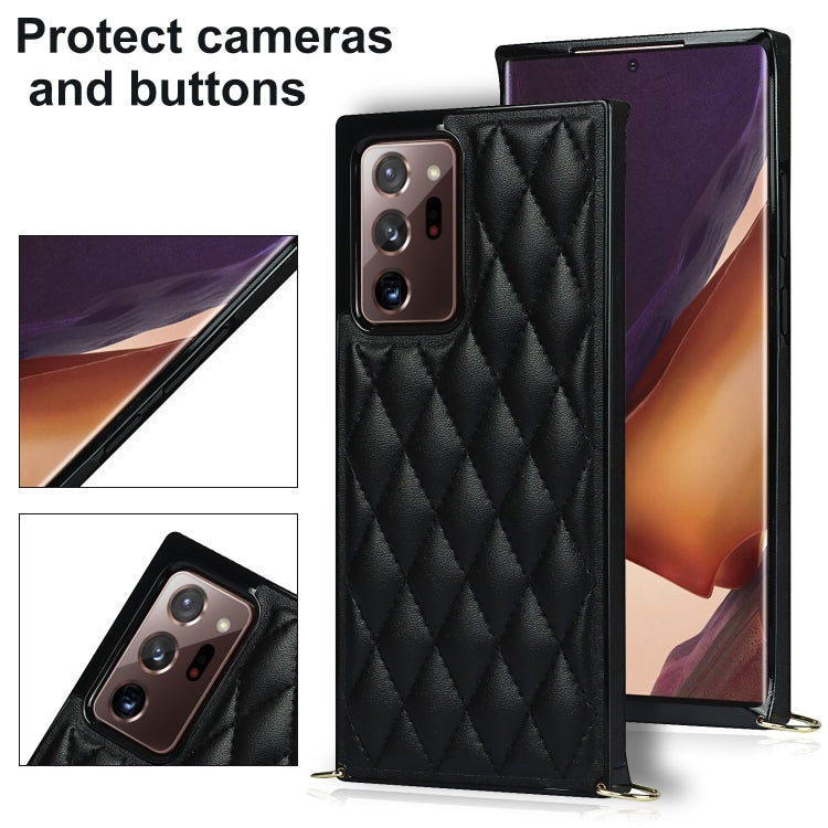 For Samsung Galaxy Note20 Ultra Elegant Rhombic Pattern Microfiber Leather +TPU Shockproof Case with Crossbody Strap Chain(Black)