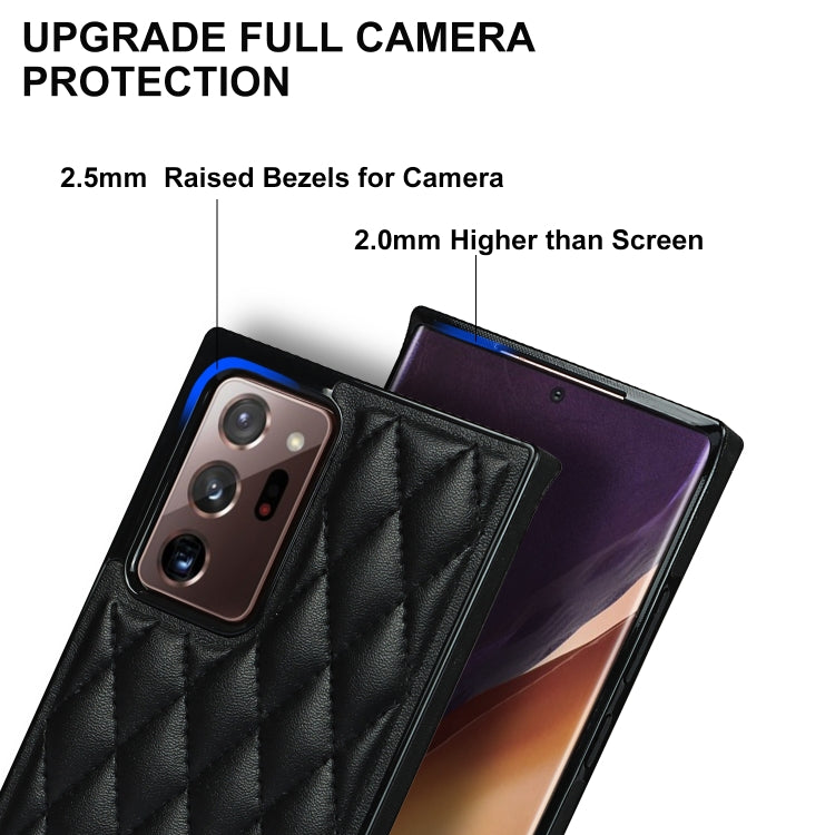 For Samsung Galaxy Note20 Ultra Elegant Rhombic Pattern Microfiber Leather +TPU Shockproof Case with Crossbody Strap Chain(Black)