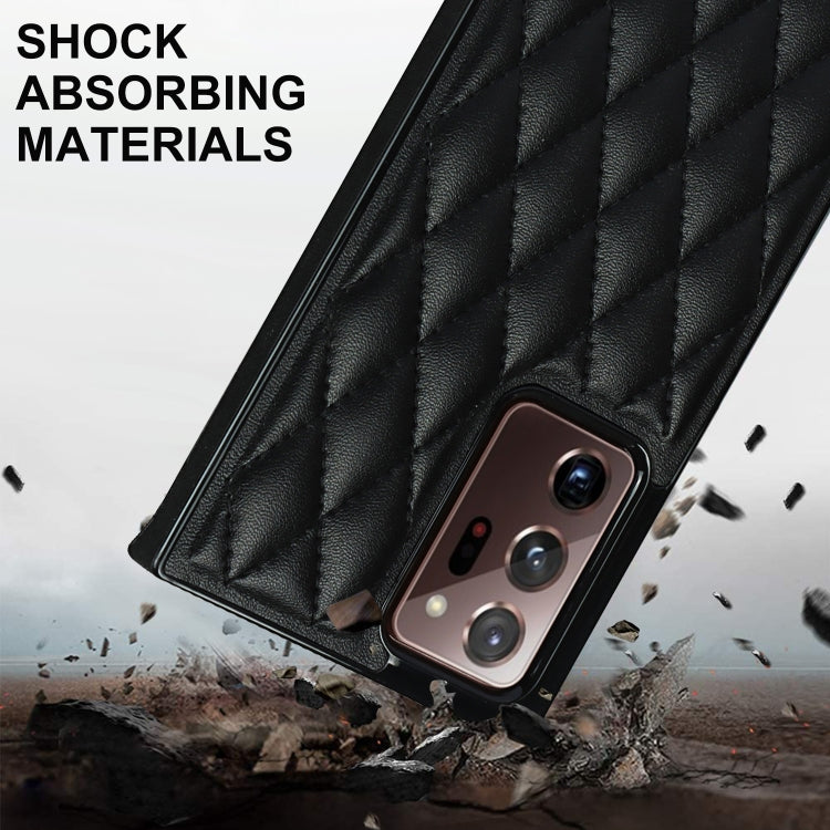 For Samsung Galaxy Note20 Ultra Elegant Rhombic Pattern Microfiber Leather +TPU Shockproof Case with Crossbody Strap Chain(Black)