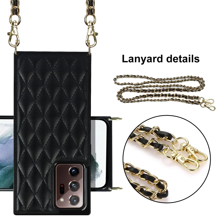For Samsung Galaxy Note20 Ultra Elegant Rhombic Pattern Microfiber Leather +TPU Shockproof Case with Crossbody Strap Chain(Black)