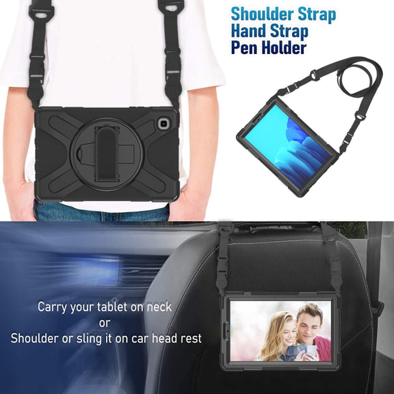 For Samsung Galaxy Tab A7 Lite T220 / T225 Silicone + PC Protective Case with Holder & Shoulder Strap(Black)