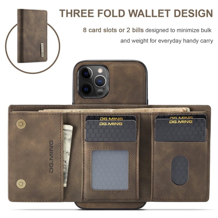 For iPhone 12 Pro Max DG.MING M1 Series 3-Fold Multi Card Wallet + Magnetic Back Cover Shockproof Case with Holder Function(Coffee)