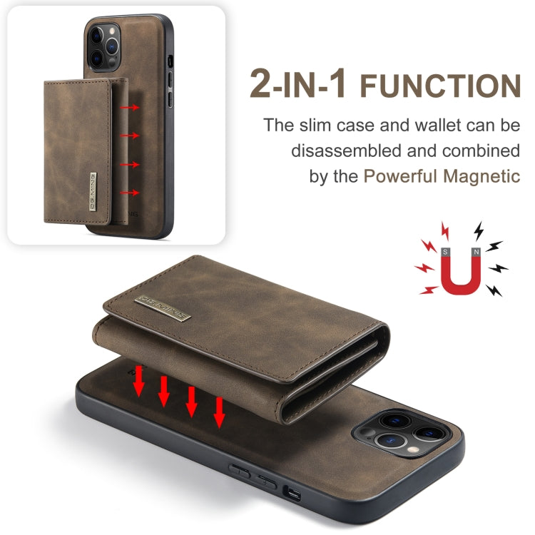 For iPhone 12 Pro Max DG.MING M1 Series 3-Fold Multi Card Wallet + Magnetic Back Cover Shockproof Case with Holder Function(Coffee)