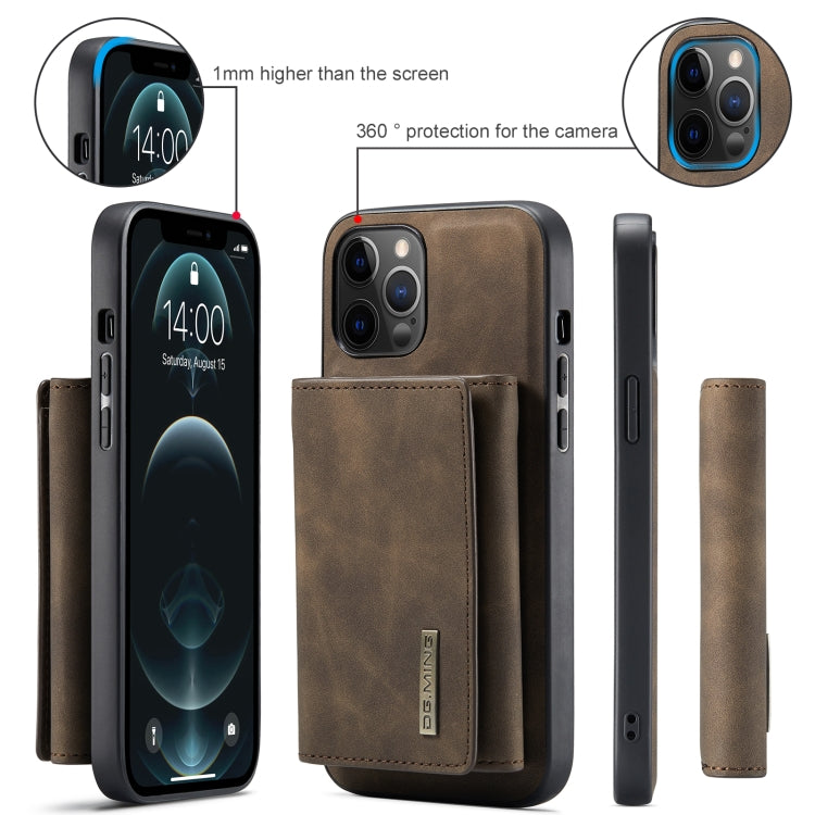For iPhone 12 Pro Max DG.MING M1 Series 3-Fold Multi Card Wallet + Magnetic Back Cover Shockproof Case with Holder Function(Coffee)
